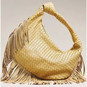 Melie Bianco The Brigitte Fringe Satchel Hobo Shoulder Bag Beige Woven Boho